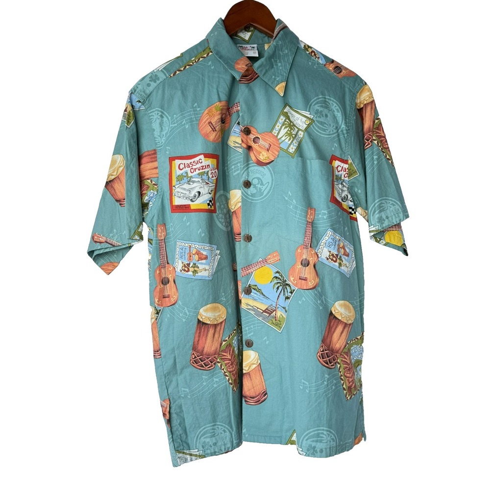 Go Barefoot Hawaiian Shirt Mens M Teal Ukulele Music‎ Tiki Tropical Surf Coastal